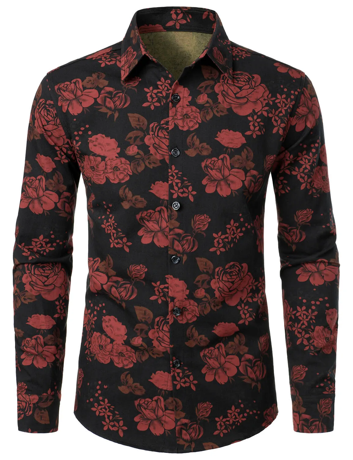 Men's Red Floral Vintage Button Up Long Sleeve Shirt