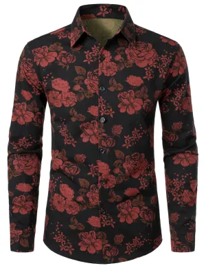 Men's Red Floral Vintage Button Up Long Sleeve Shirt