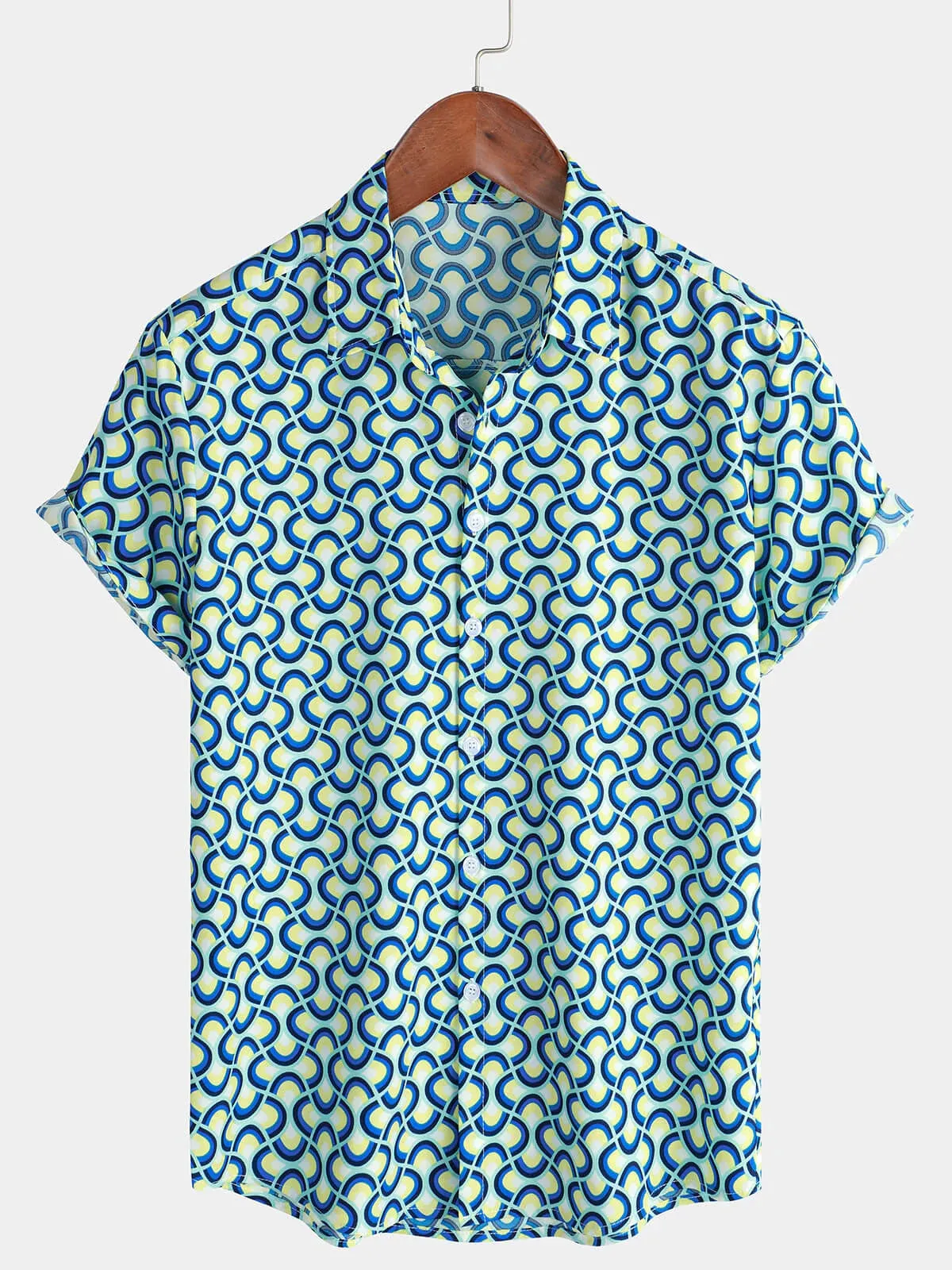 Men's Retro Button Up Vintage Geometric Circle Cool Short Sleeve Shirt
