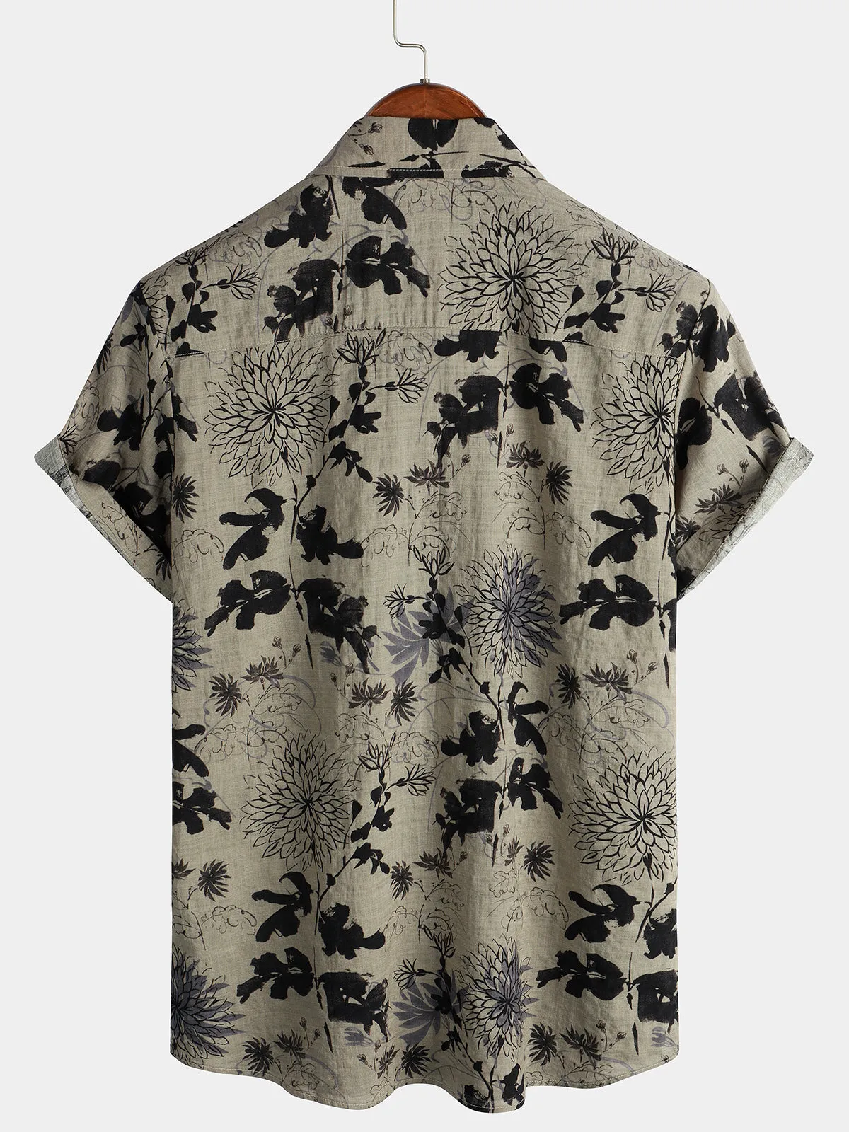 Men's Retro Flower Print Floral Button Up Vintage Holiday Short Sleeve Shirt