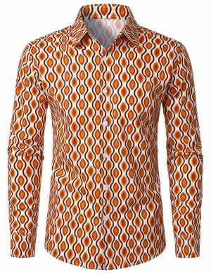 Men's Retro Geometric Print 70s Cotton Button Long Sleeve Shirt