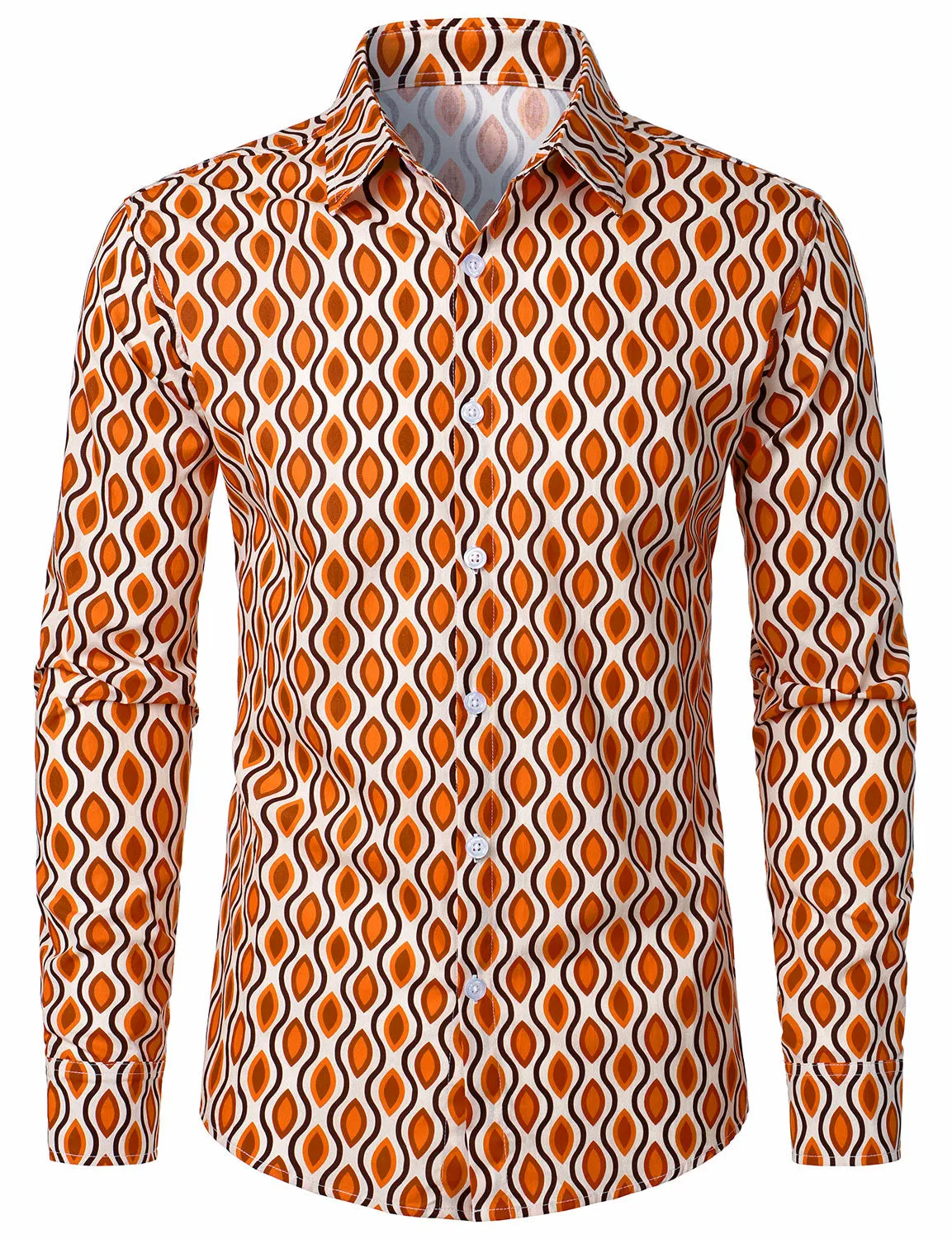 Men's Retro Geometric Print 70s Cotton Button Long Sleeve Shirt