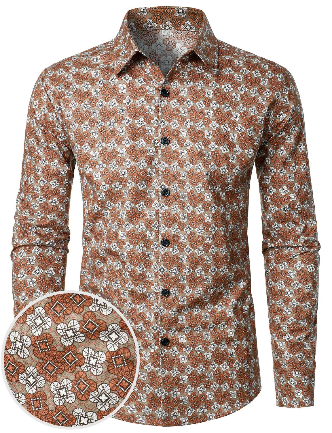 Men's Retro Geometric Print Button Up Long Sleeve Dress Shirt