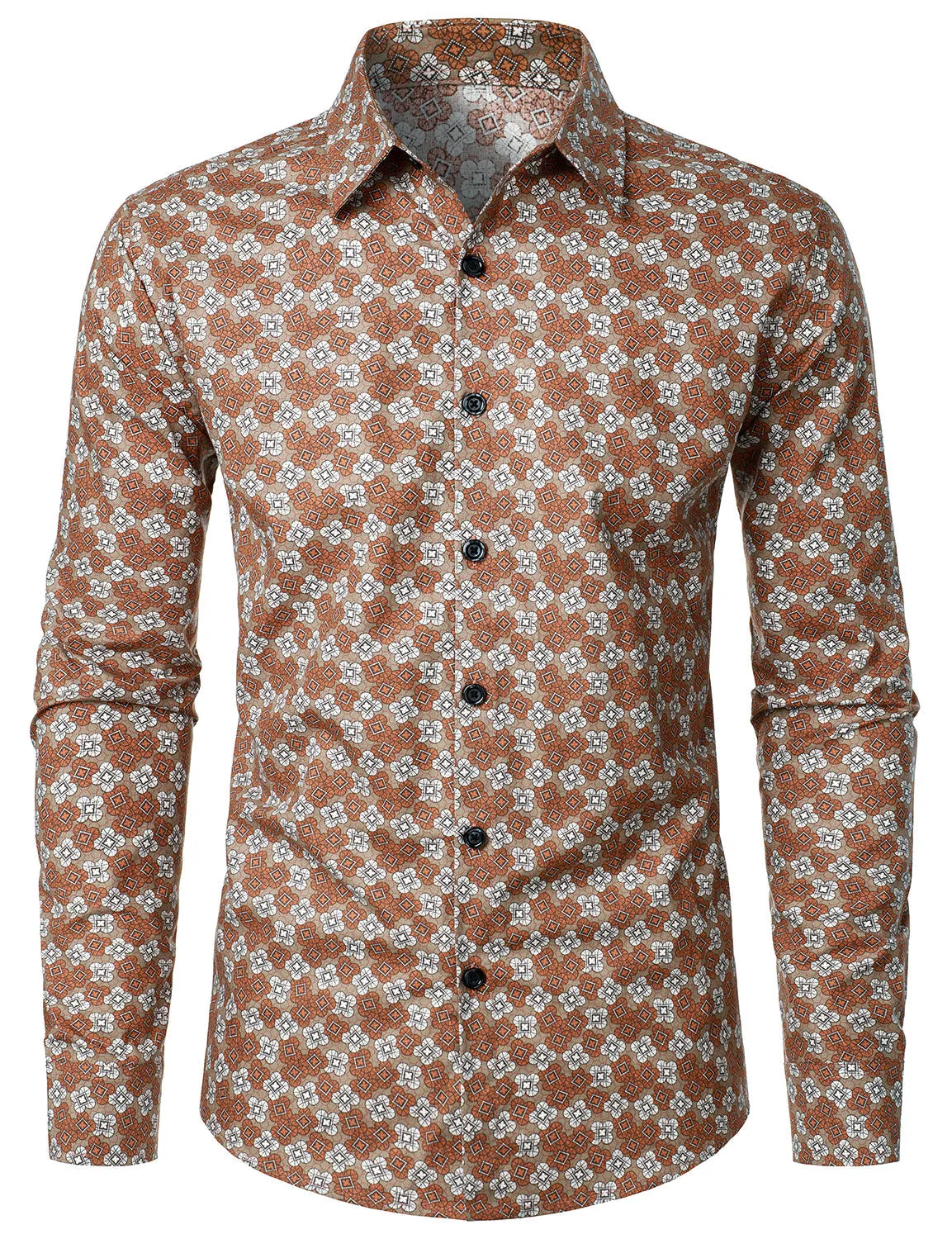 Men's Retro Geometric Print Button Up Long Sleeve Dress Shirt