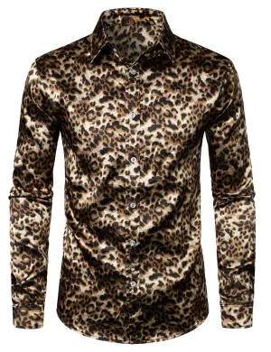 Men's Retro Leopard Button Up Brown Long Sleeve Shirt