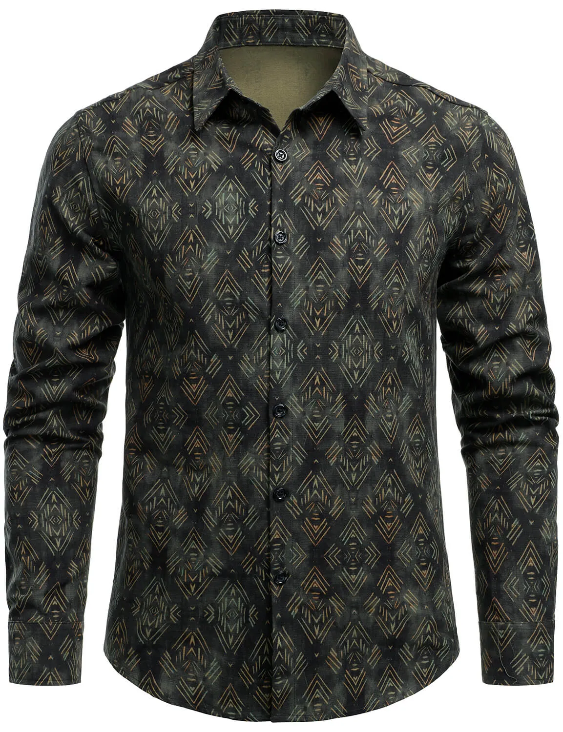 Men's Retro Print Casual Long Sleeve Button Up Shirt