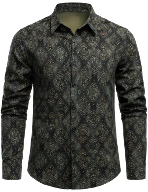 Men's Retro Print Casual Long Sleeve Button Up Shirt