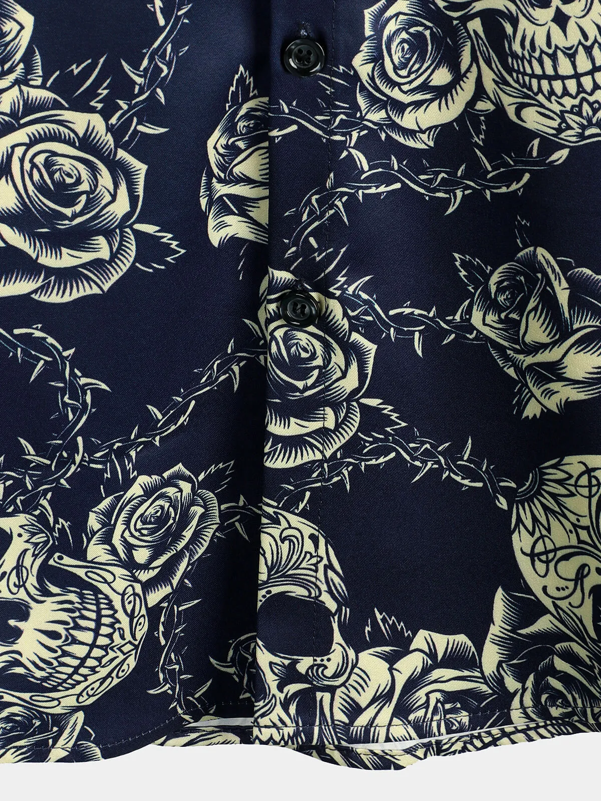 Men's Rock Skull Vintage Rose Print Button Up Short Sleeve Shirt