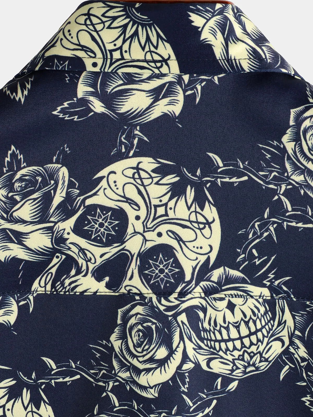 Men's Rock Skull Vintage Rose Print Button Up Short Sleeve Shirt