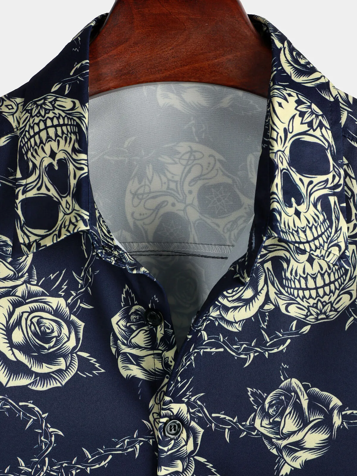 Men's Rock Skull Vintage Rose Print Button Up Short Sleeve Shirt