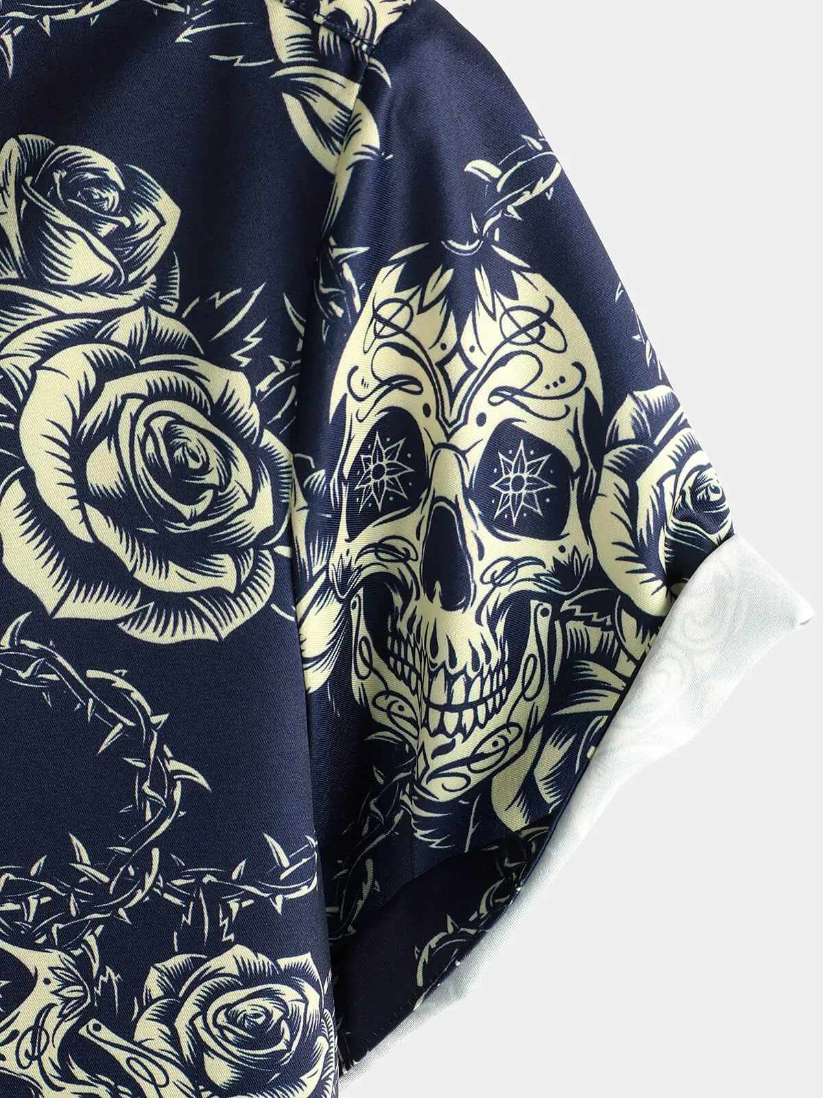 Men's Rock Skull Vintage Rose Print Button Up Short Sleeve Shirt