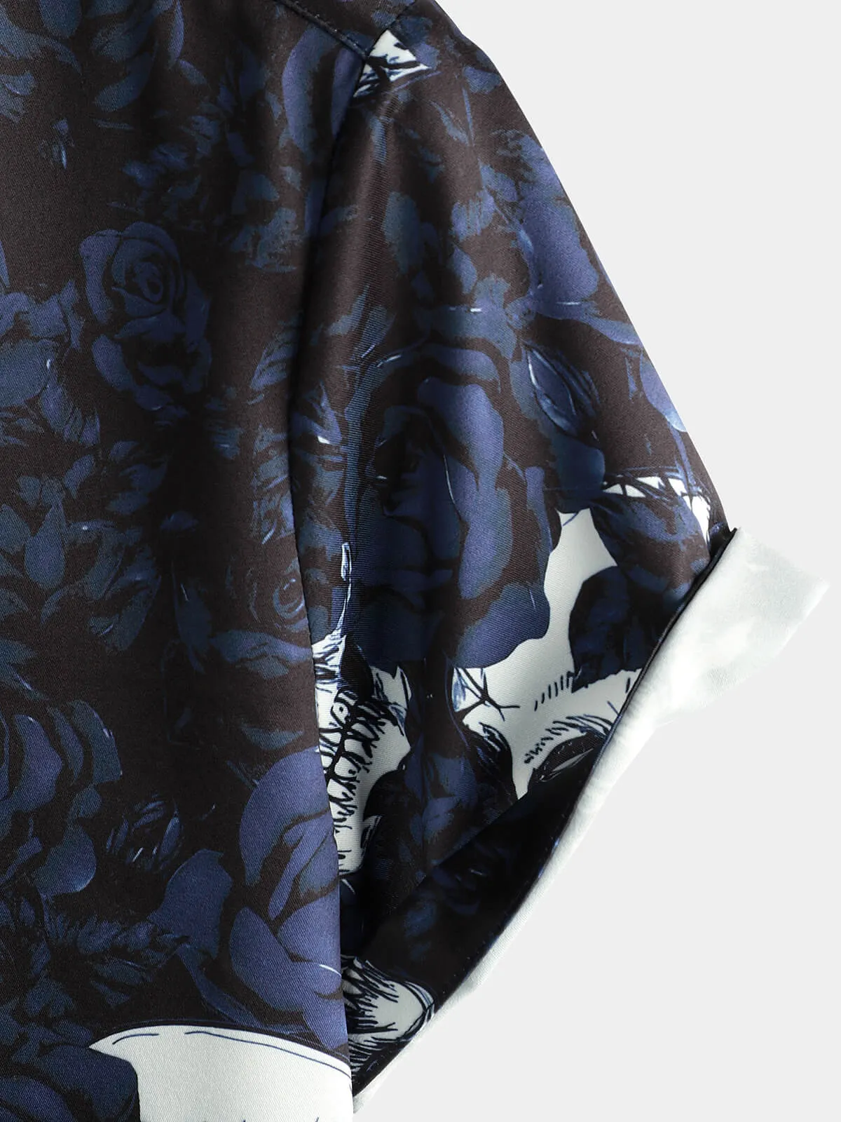Men's Rose Skull Print Black Casual Rock and Roll Short Sleeve Shirt