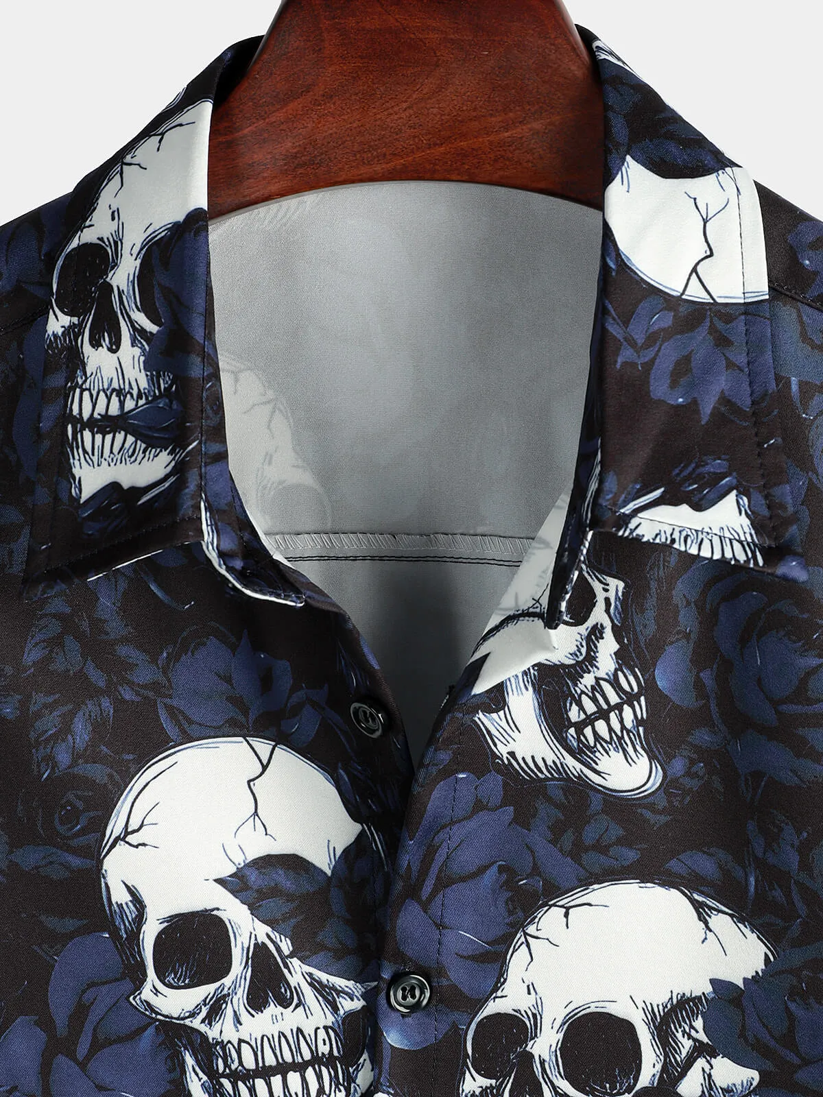 Men's Rose Skull Print Black Casual Rock and Roll Short Sleeve Shirt