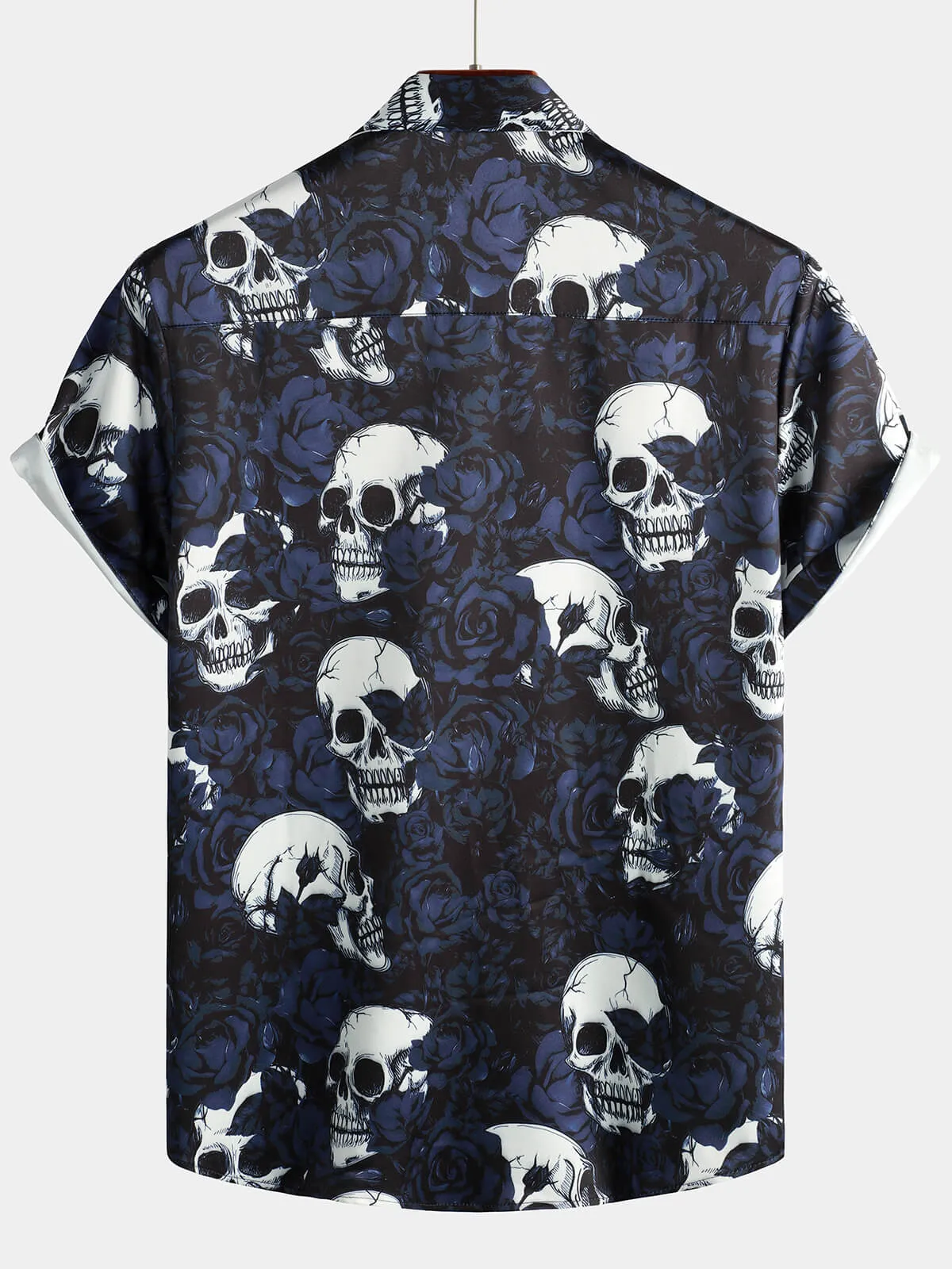 Men's Rose Skull Print Black Casual Rock and Roll Short Sleeve Shirt