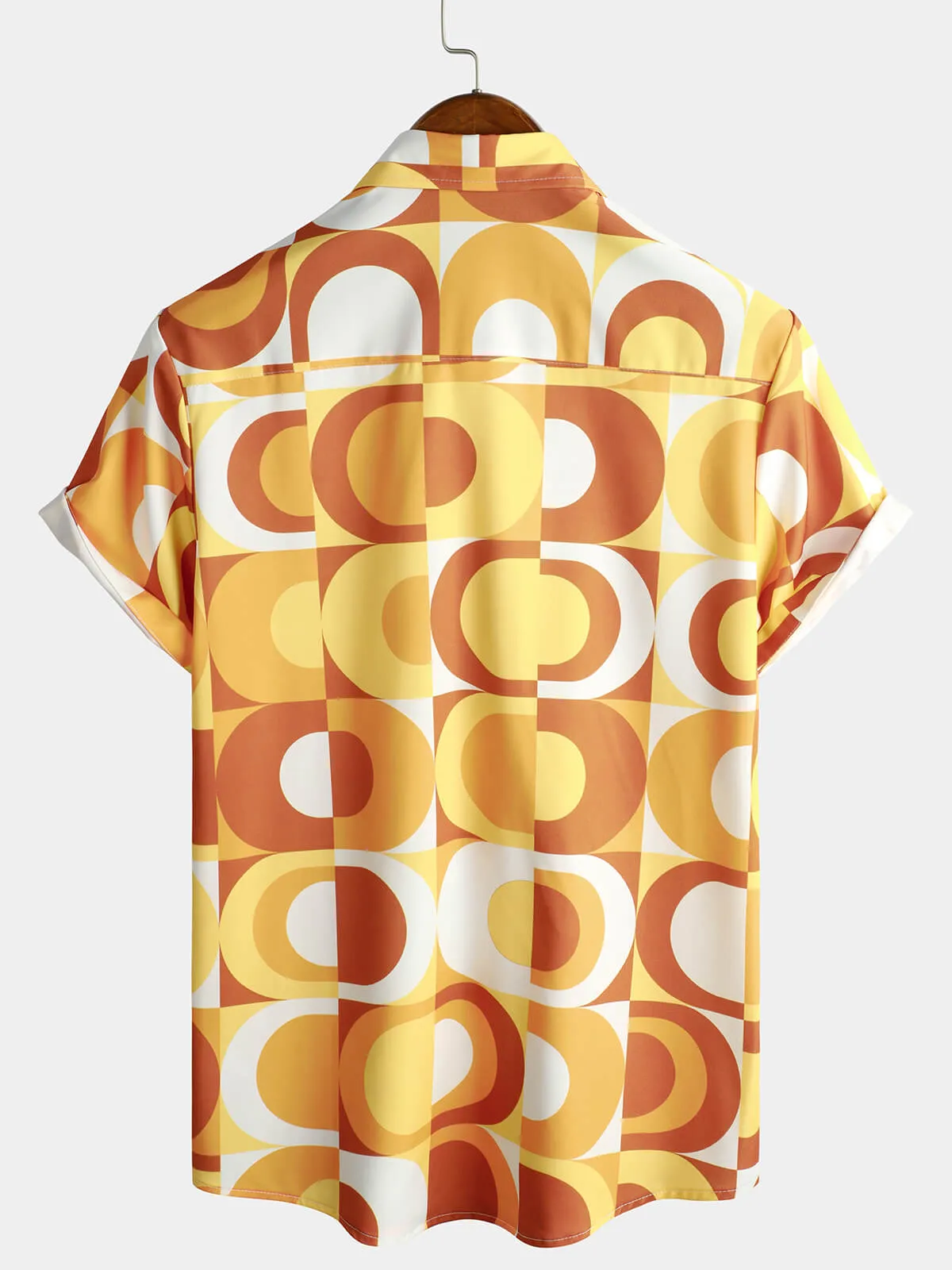 Men's Summer Retro Button Up Vintage Orange 70s Geometric Summer Beach Cool Short Sleeve Shirt