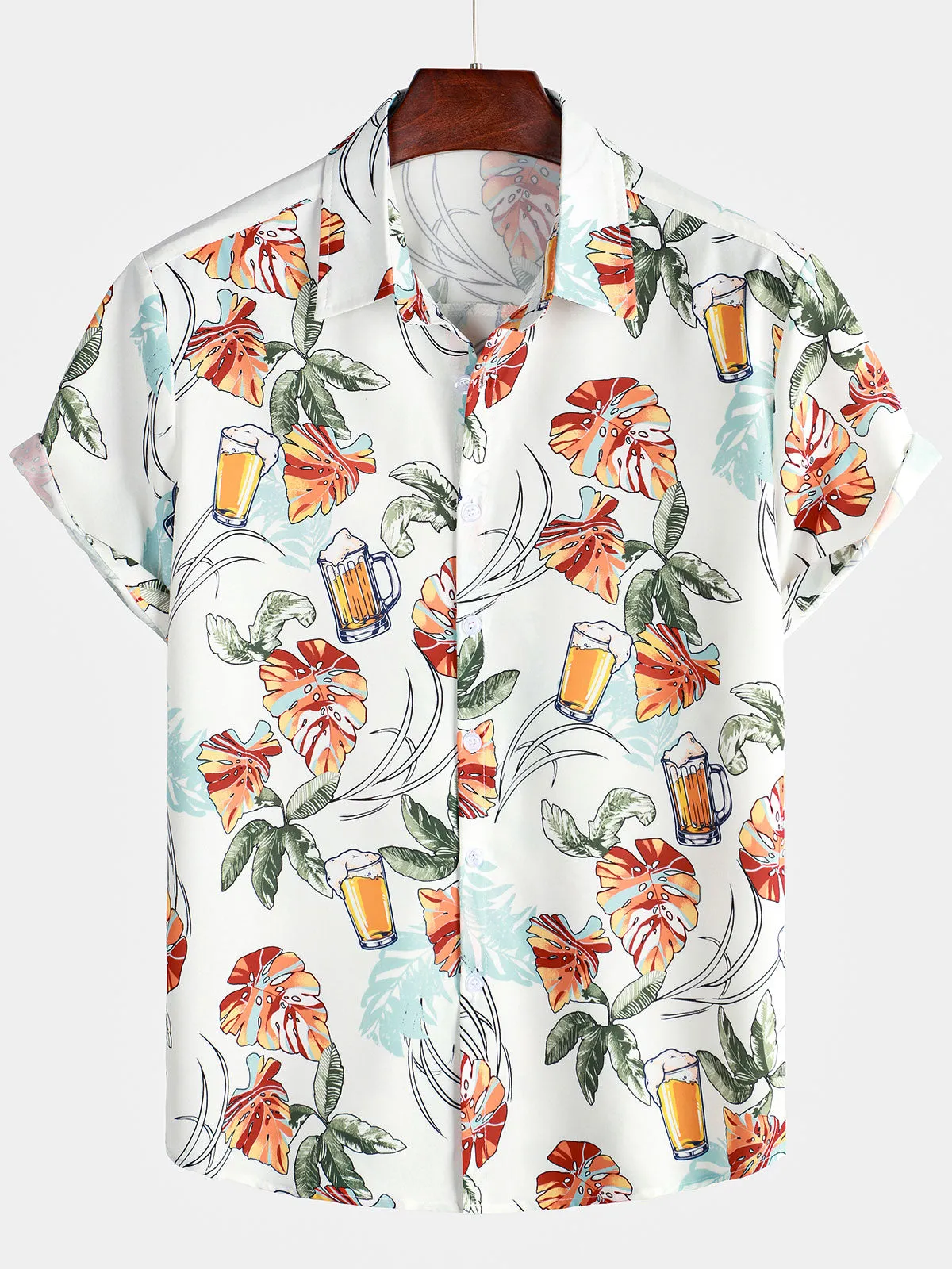 Men's Summer Tropical Beer Beach Button Up Short Sleeve Shirt