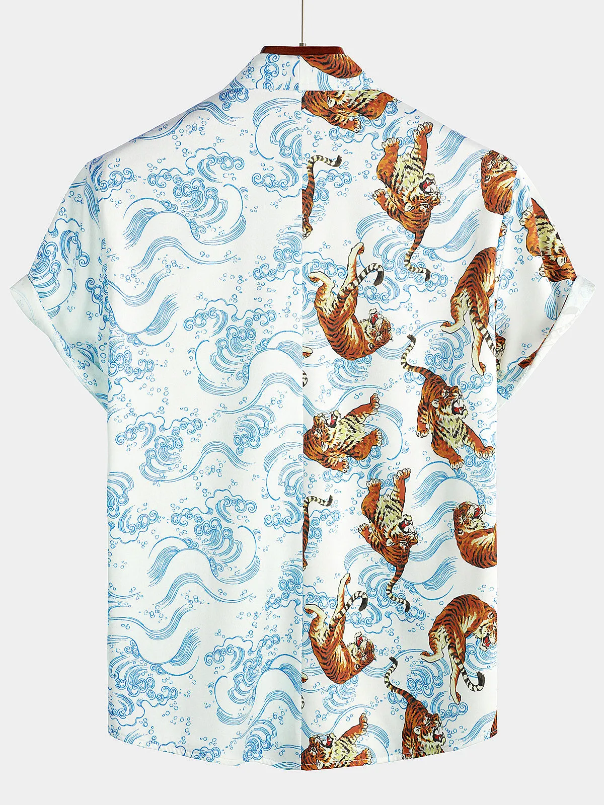Men's Tiger Animal Print Summer Short Sleeve Cool Hawaiian Beach Button Up Pocket Shirt