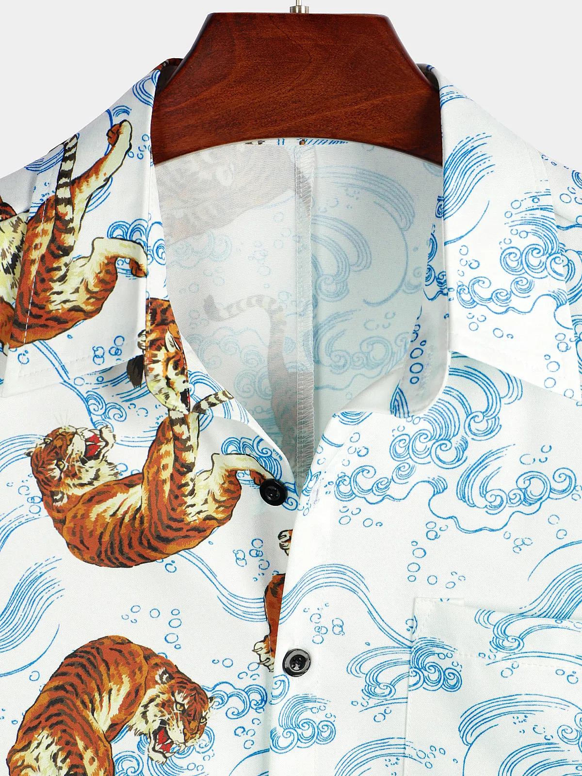 Men's Tiger Animal Print Summer Short Sleeve Cool Hawaiian Beach Button Up Pocket Shirt
