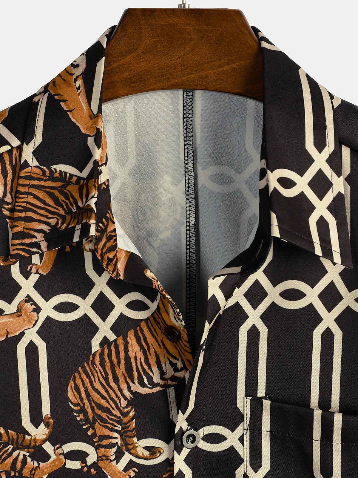 Men's Tiger Print Summer Pocket Short Sleeve Shirt
