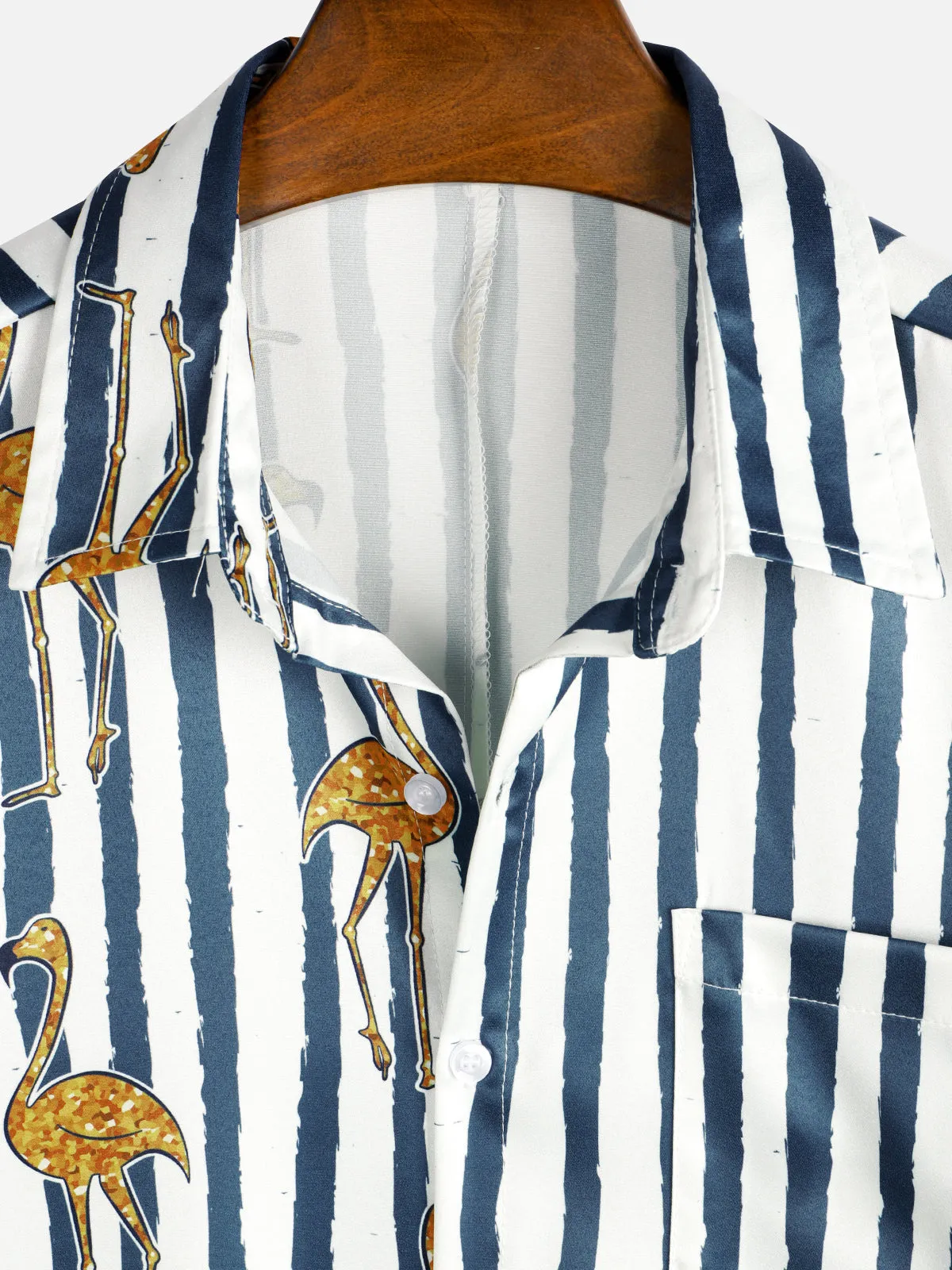 Men's Tropical Flamingo Navy Blue Striped Print Pocket Hawaiian Short Sleeve Shirt