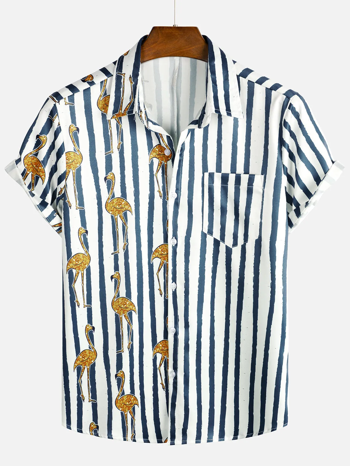 Men's Tropical Flamingo Navy Blue Striped Print Pocket Hawaiian Short Sleeve Shirt