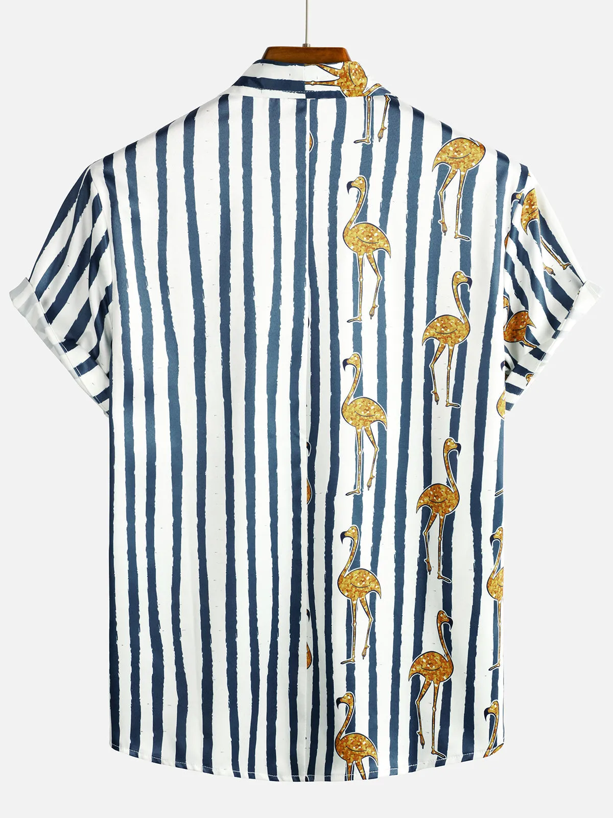 Men's Tropical Flamingo Navy Blue Striped Print Pocket Hawaiian Short Sleeve Shirt