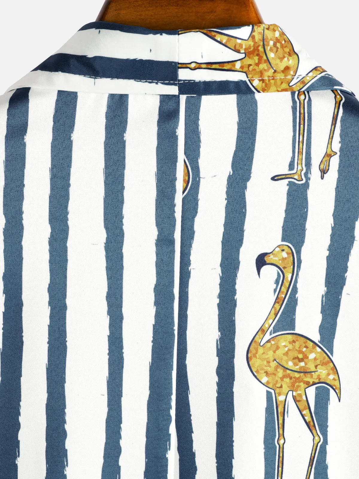 Men's Tropical Flamingo Navy Blue Striped Print Pocket Hawaiian Short Sleeve Shirt