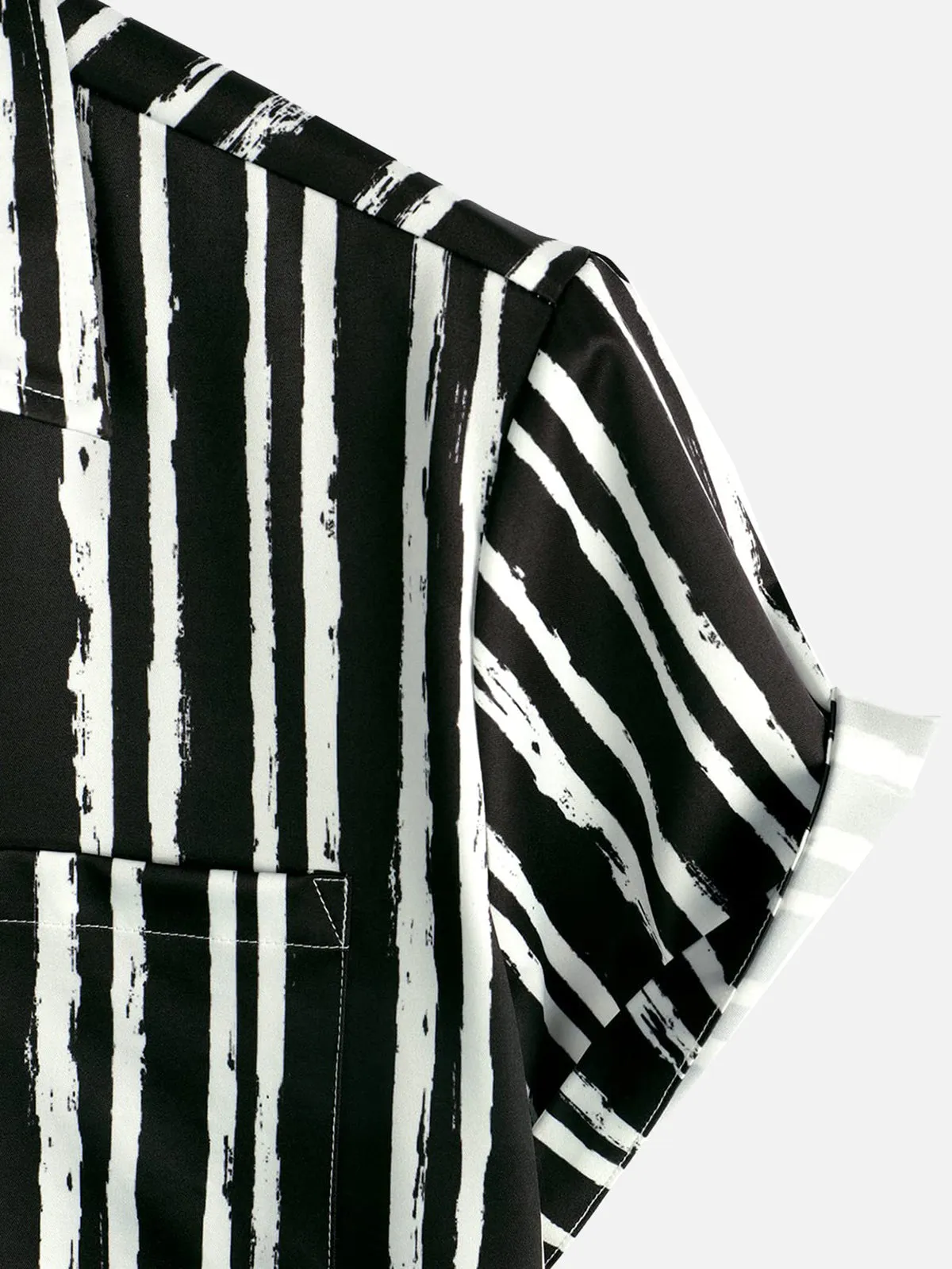 Men's Tropical Plant Striped Print Pocket Hawaiian Black Short Sleeve Shirt