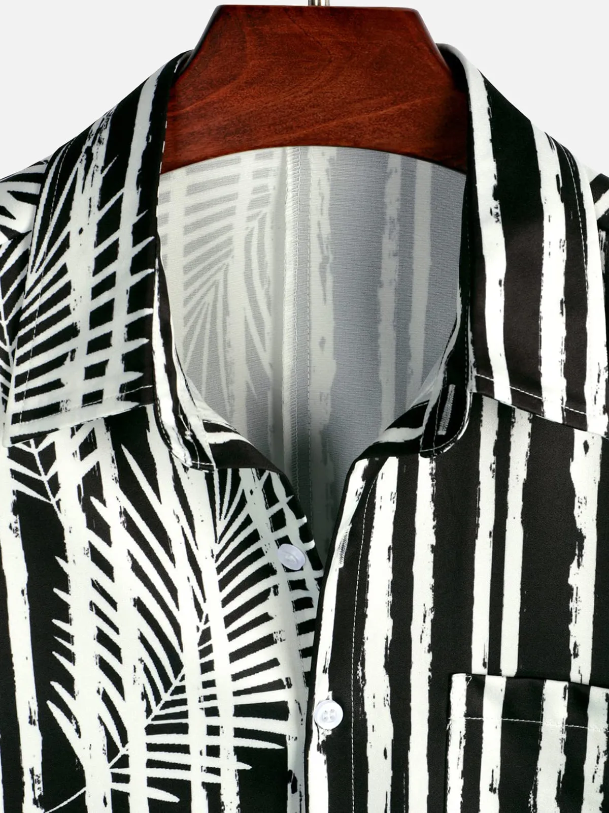 Men's Tropical Plant Striped Print Pocket Hawaiian Black Short Sleeve Shirt