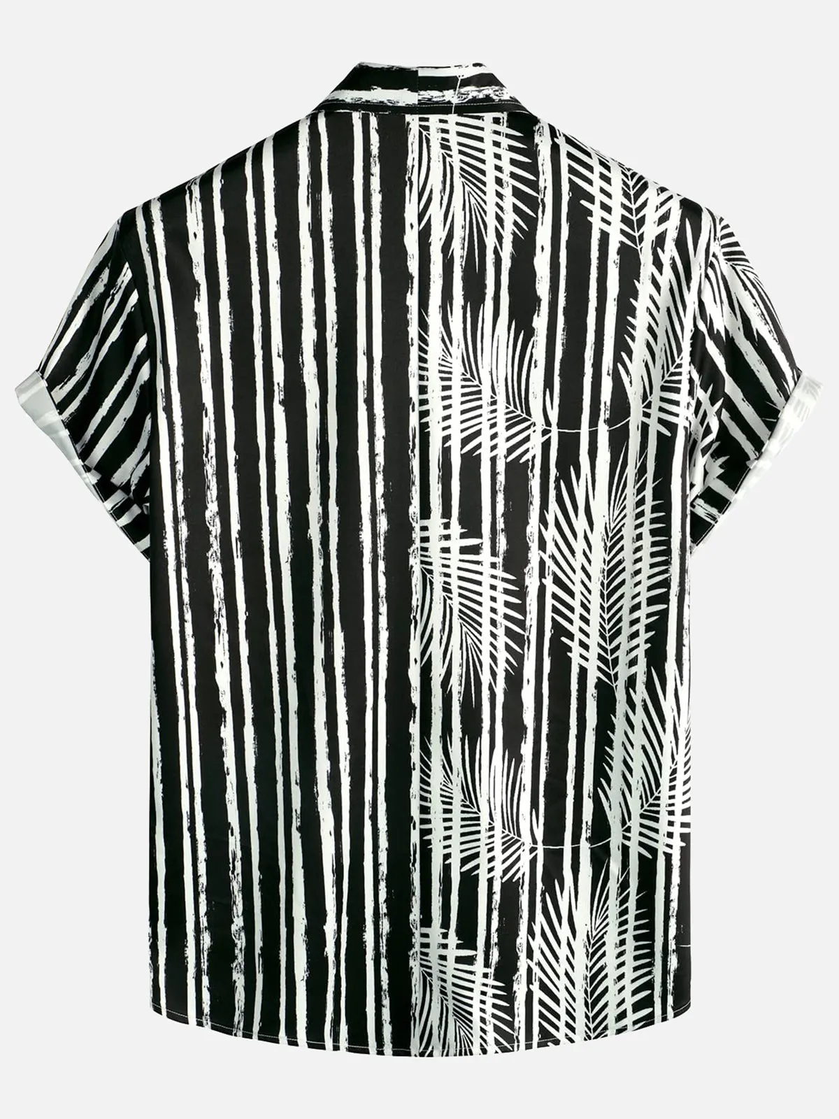 Men's Tropical Plant Striped Print Pocket Hawaiian Black Short Sleeve Shirt