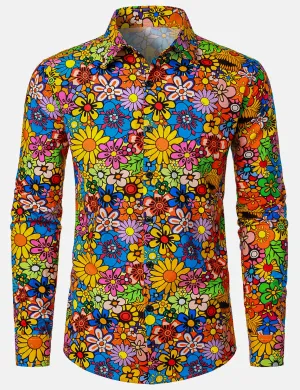 Men's Vintage Colorful Floral Cotton 70s Long Sleeve Button Up Shirt