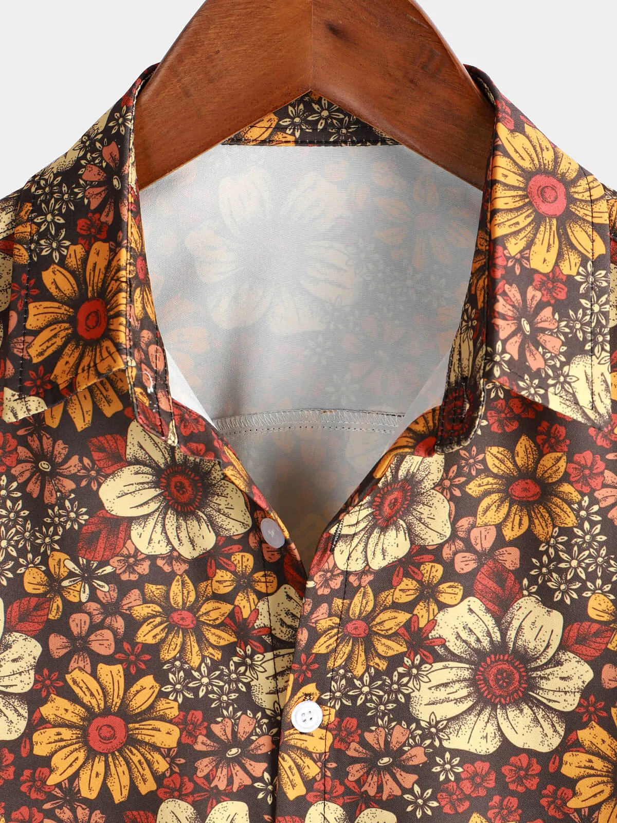 Men's Vintage Floral Button Up 70s Short Sleeve Beach Summer Retro Brown Hawaiian Shirt