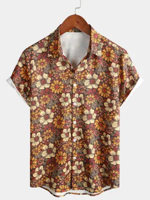 Men's Vintage Floral Button Up 70s Short Sleeve Beach Summer Retro Brown Hawaiian Shirt