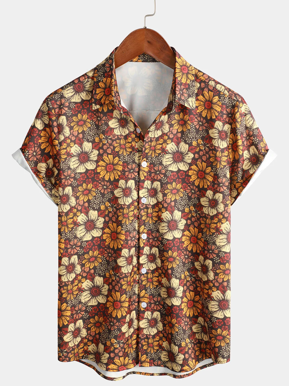 Men's Vintage Floral Button Up 70s Short Sleeve Beach Summer Retro Brown Hawaiian Shirt