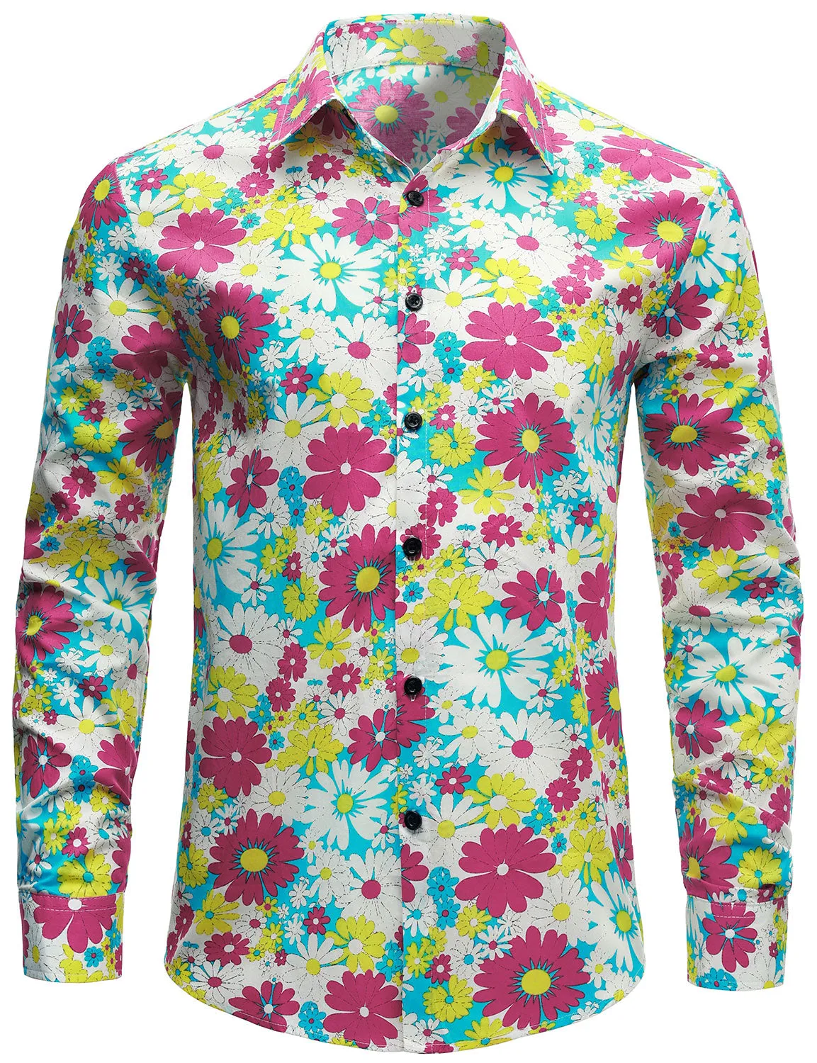 Men's Vintage Floral Pink Cotton Button Up Long Sleeve Shirt