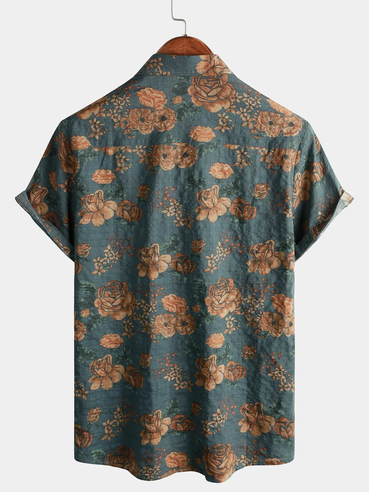 Men's Vintage Floral Retro Button Up Blue Summer Holiday Short Sleeve Shirt
