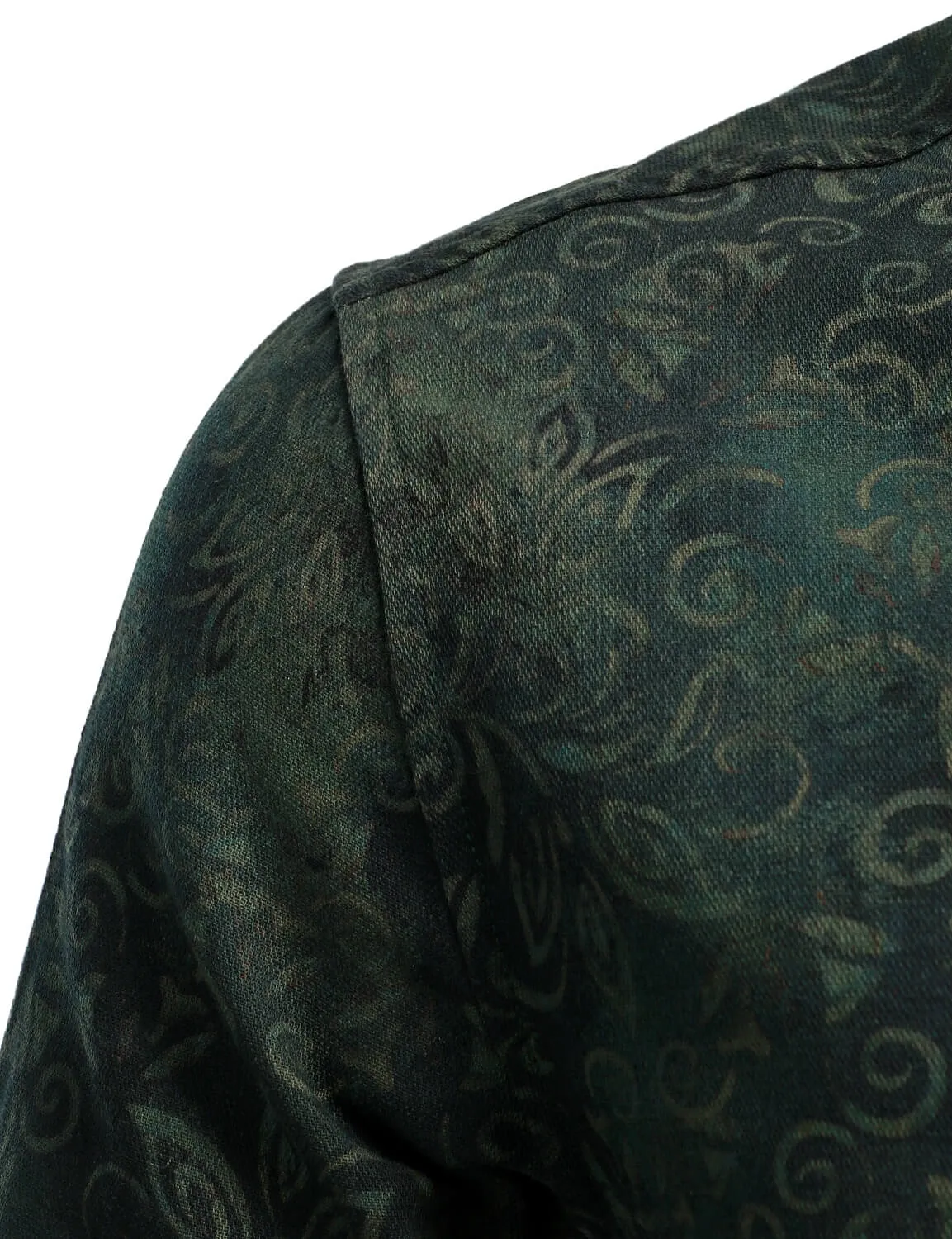 Men's Vintage Print Green Long Sleeve Dress Shirt