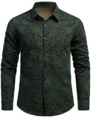 Men's Vintage Print Green Long Sleeve Dress Shirt