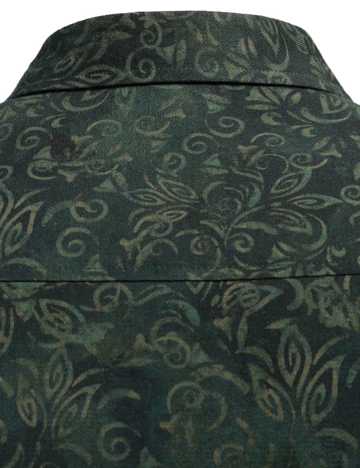 Men's Vintage Print Green Long Sleeve Dress Shirt