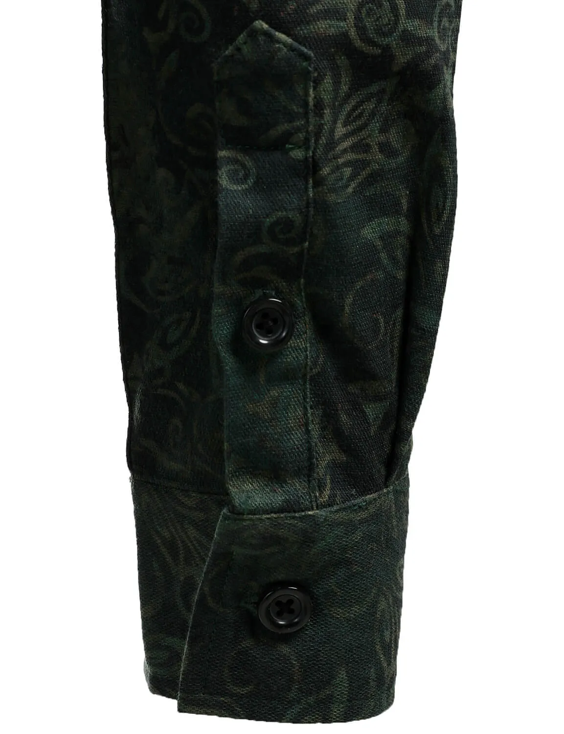Men's Vintage Print Green Long Sleeve Dress Shirt