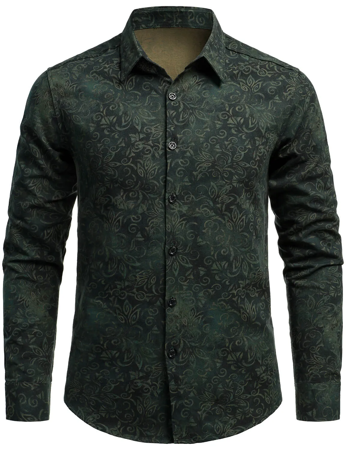 Men's Vintage Print Green Long Sleeve Dress Shirt