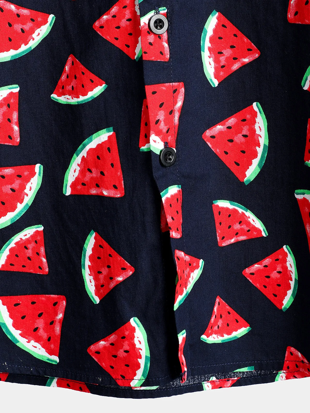 Men's Watermelon Tropical Hawaii Fruit Print Cotton Navy Blue Shirt