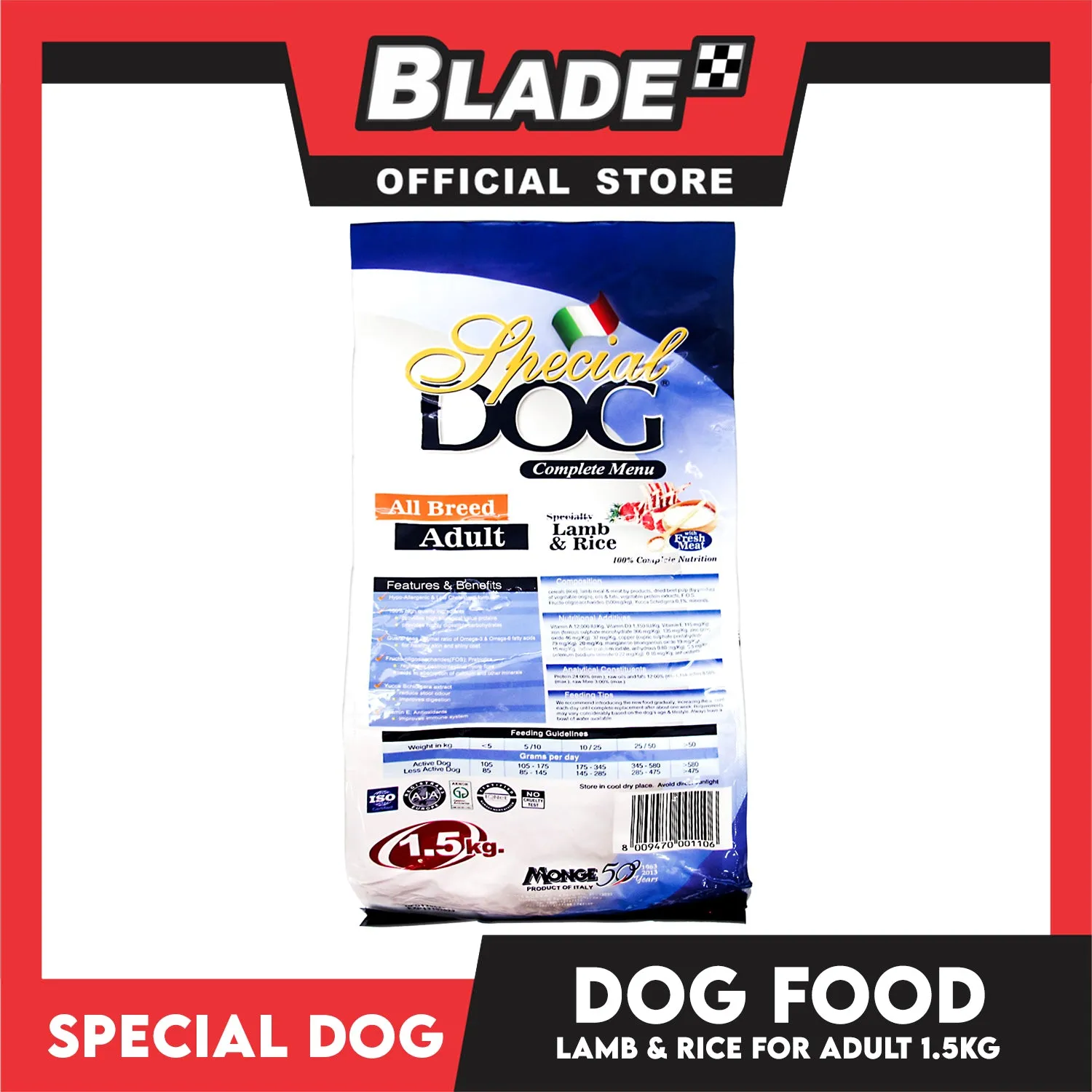 Monge Special Dog Adult Lamb and Rice 1.5kg For All Breed Adult, Dog Dry Food