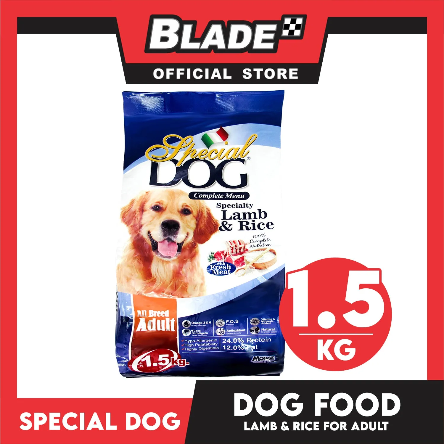 Monge Special Dog Adult Lamb and Rice 1.5kg For All Breed Adult, Dog Dry Food