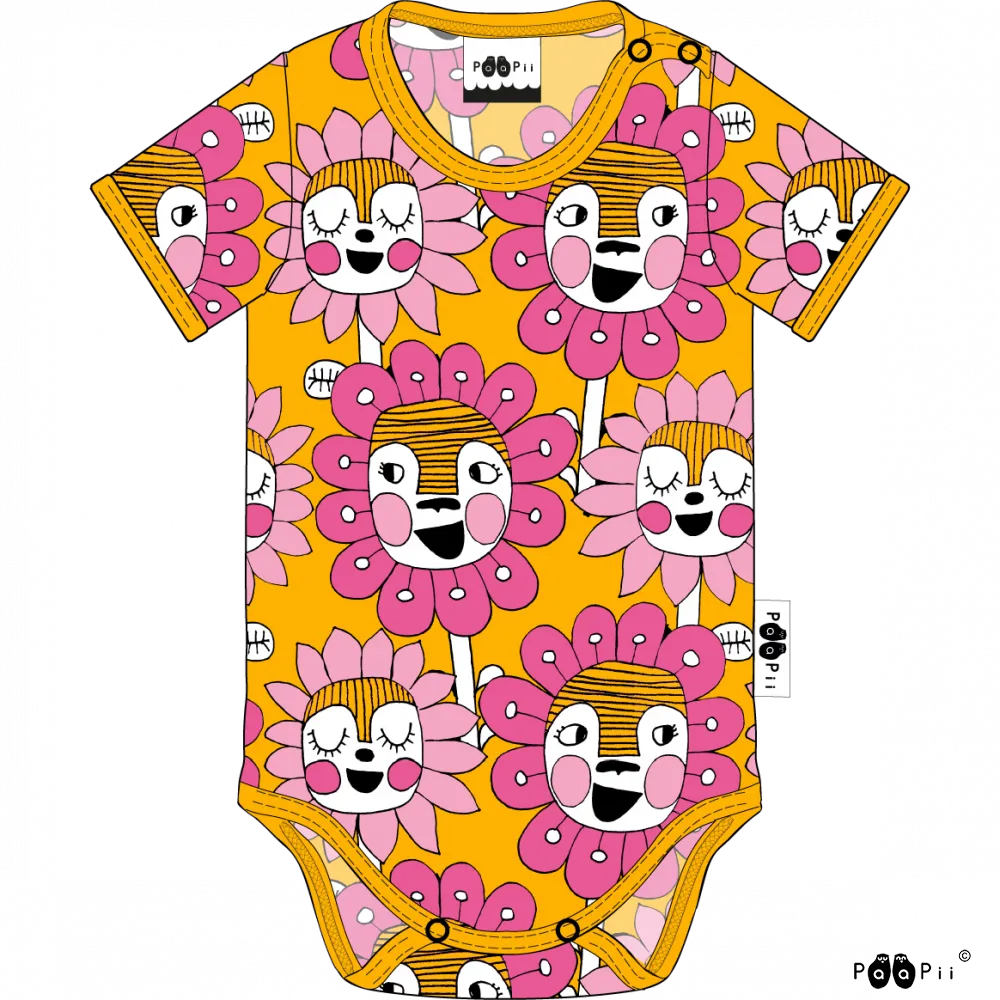 PaaPii Bloomination Bodysuit - Short Sleeve - Sun Yellow/Pink (Last one! 2-4m)