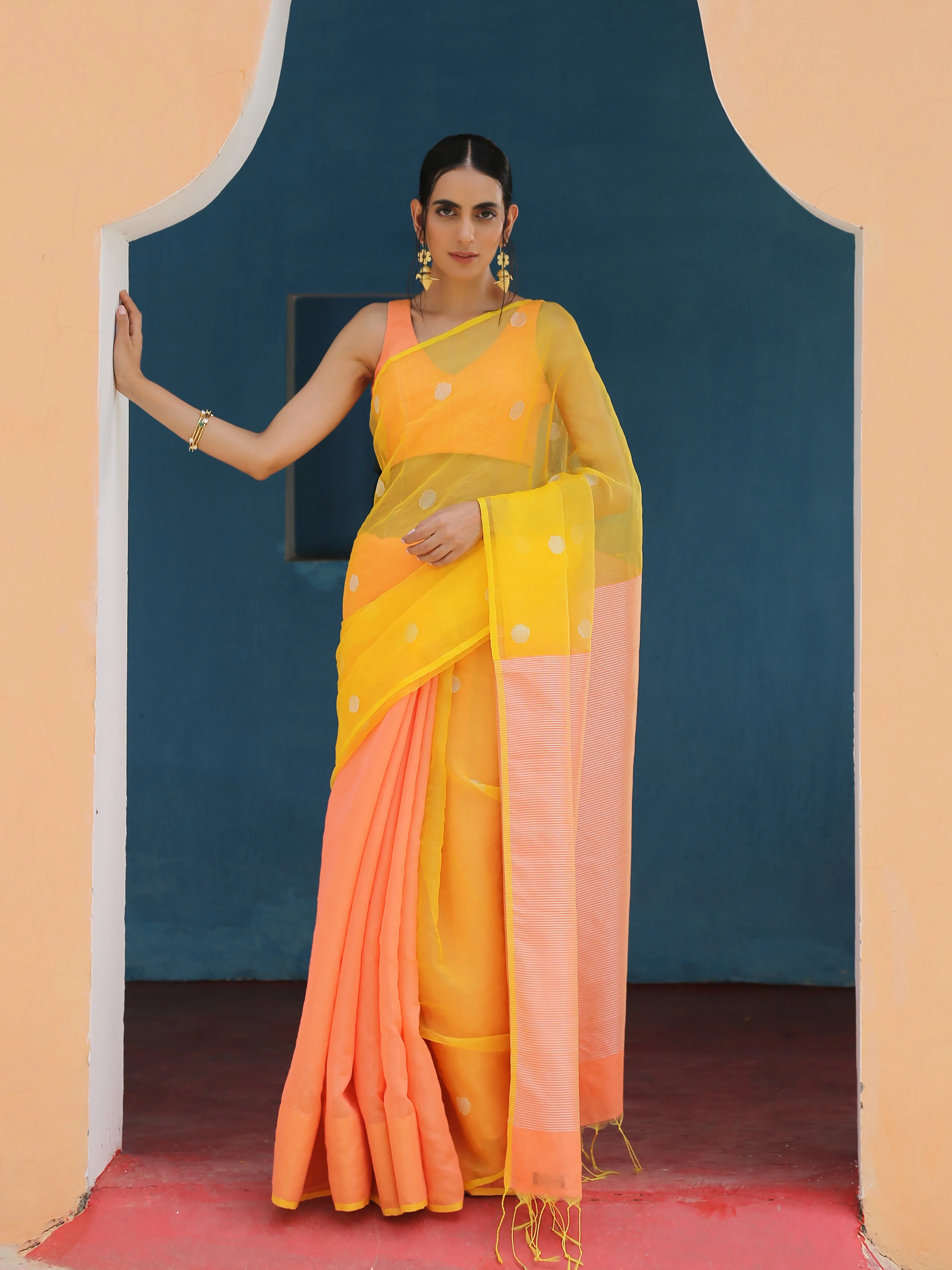 Peach & Yellow handloom Saree with blouse fabric
