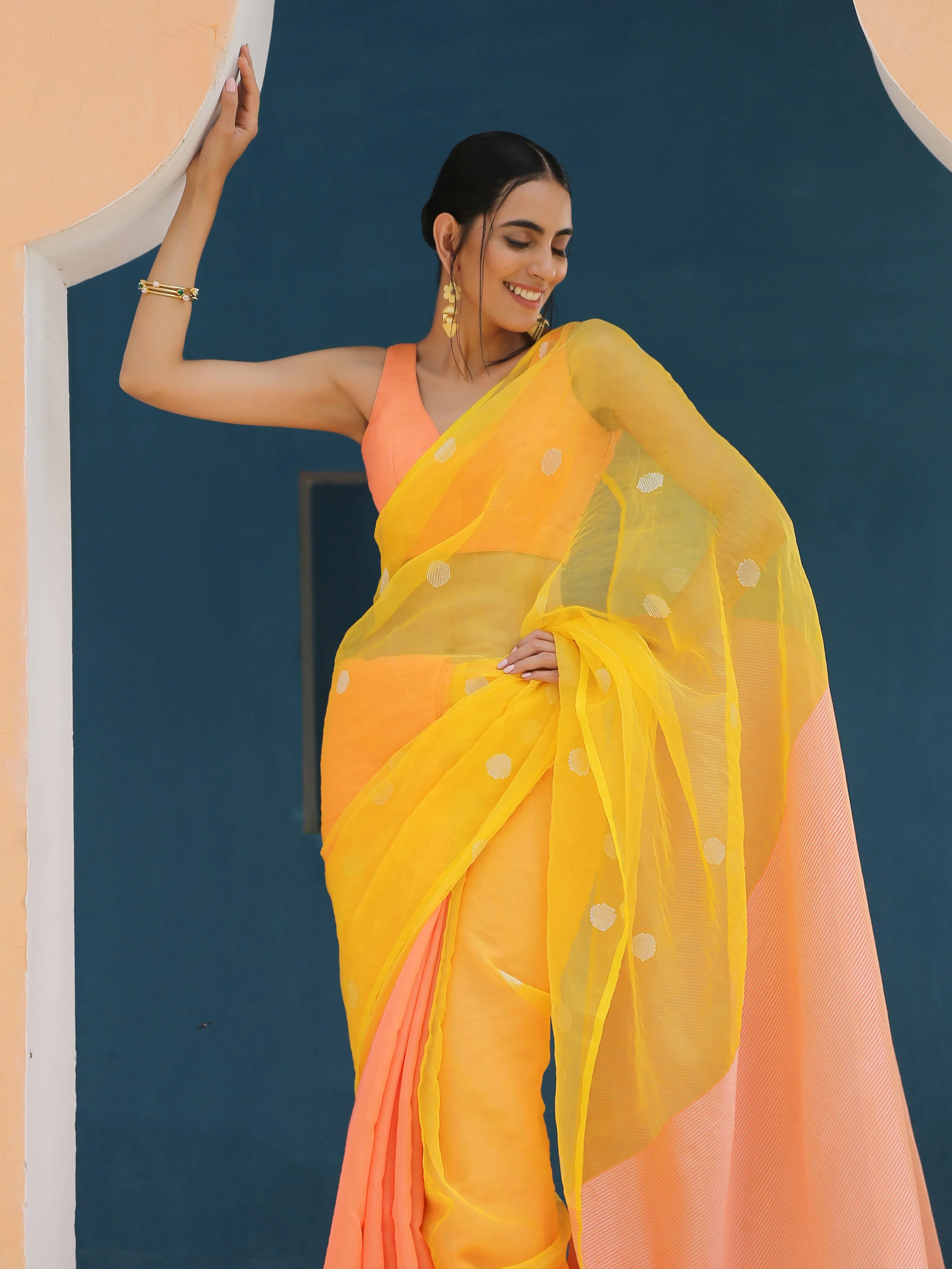 Peach & Yellow handloom Saree with blouse fabric
