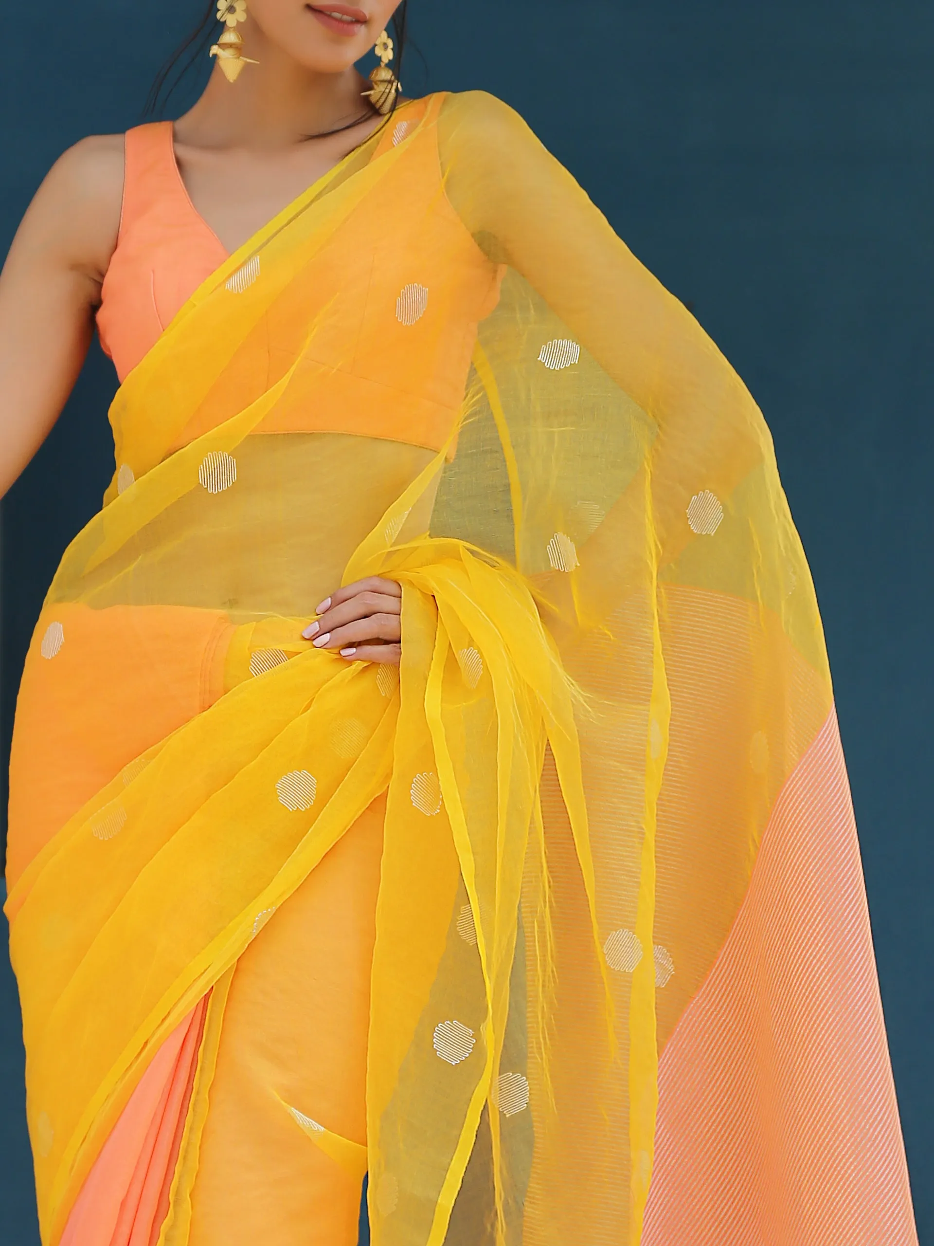 Peach & Yellow handloom Saree with blouse fabric