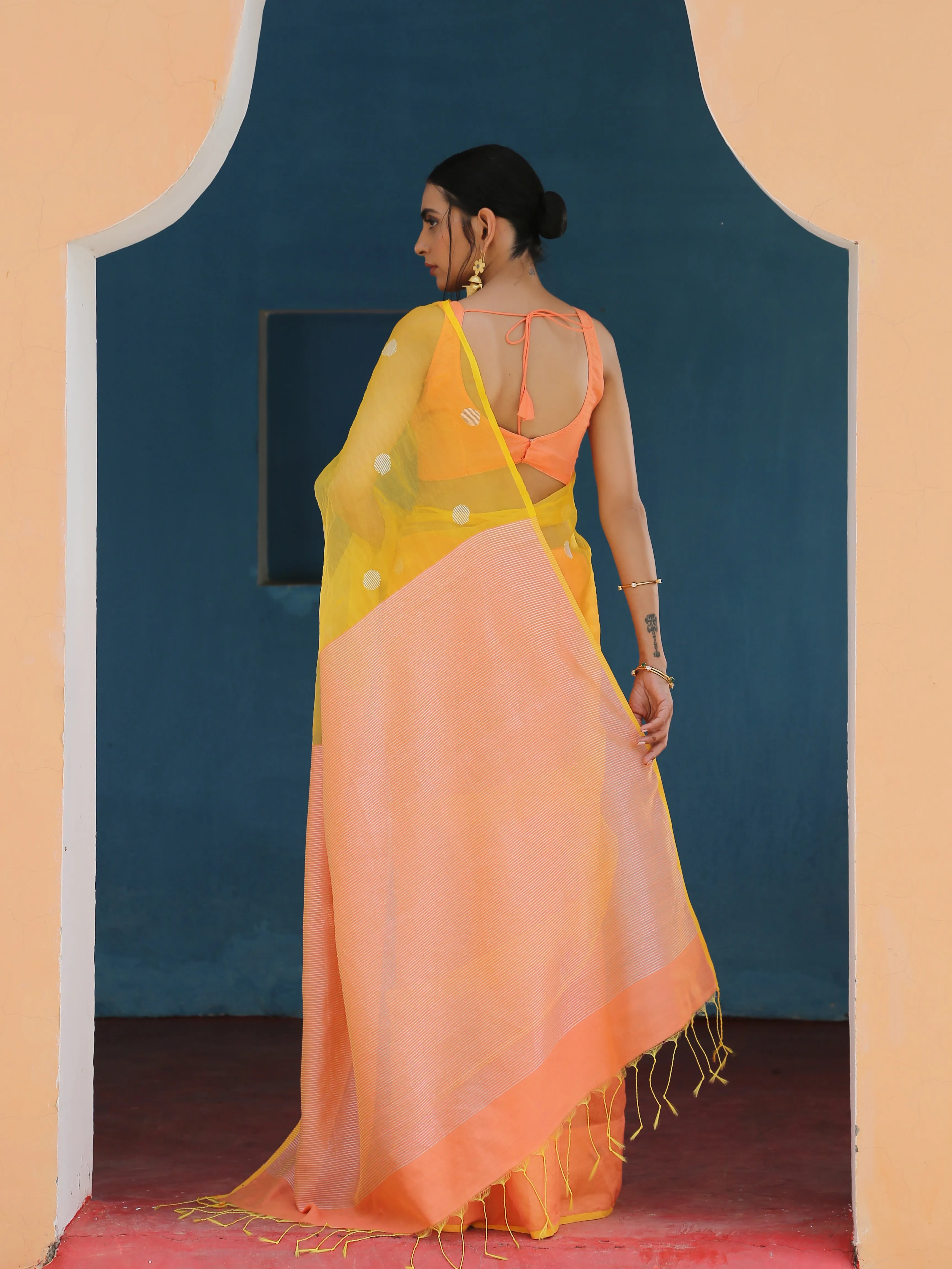 Peach & Yellow handloom Saree with blouse fabric