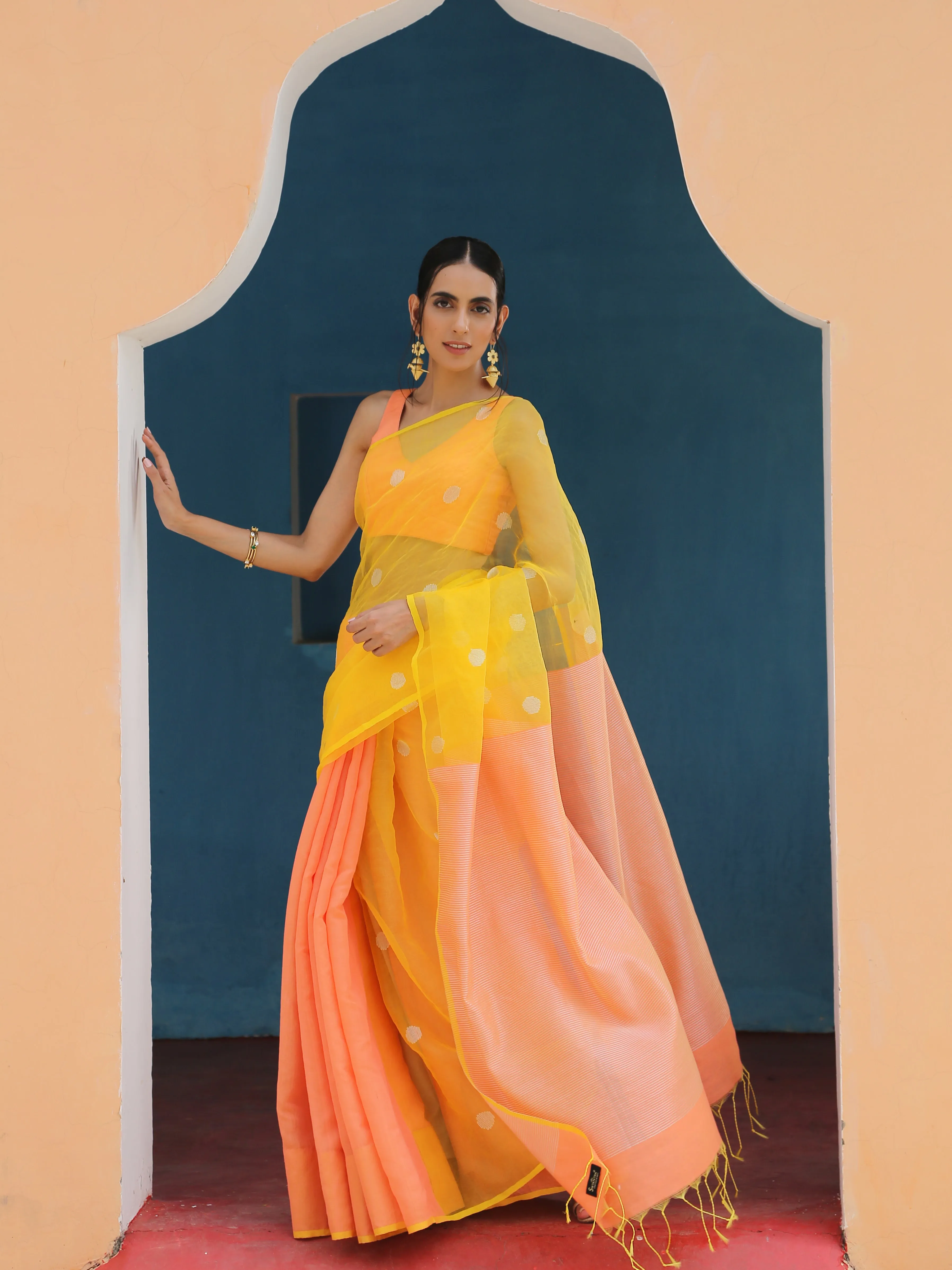 Peach & Yellow handloom Saree with blouse fabric